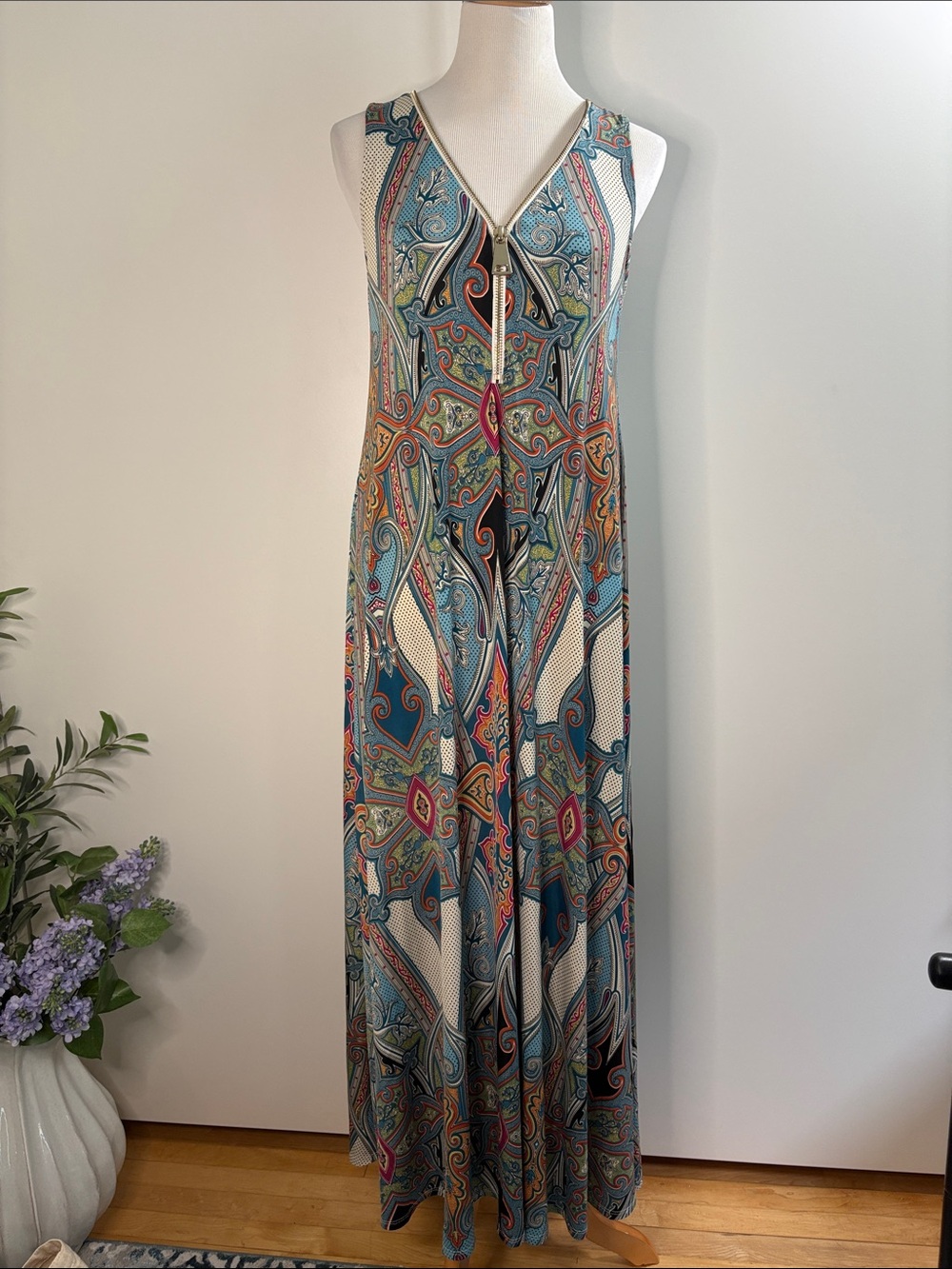 Ariella Multicolor Paisley Maxi Dress with Teal and Coral Accents